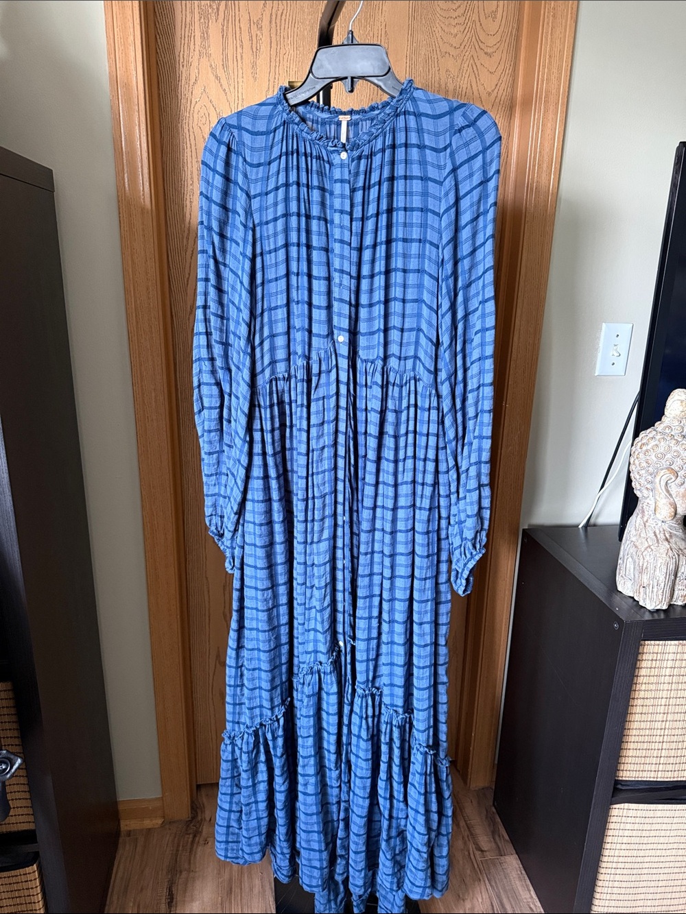 Free People Blue Plaid Ruffled Button-Front Dress
